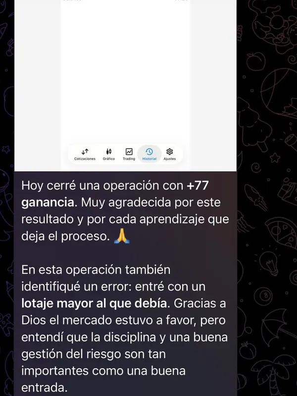 Mensaje de una miembro del canal reconociendo que entró con un lotaje mayor al que debía